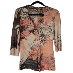 SUKI JONES animal print lightweight button front 3/4 sleeve cardigan size Small